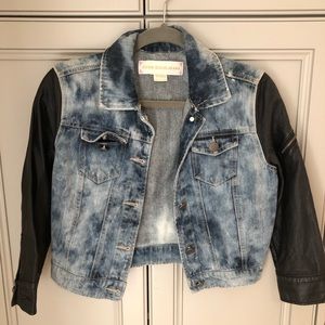 denim jacket with faux leather sleeves